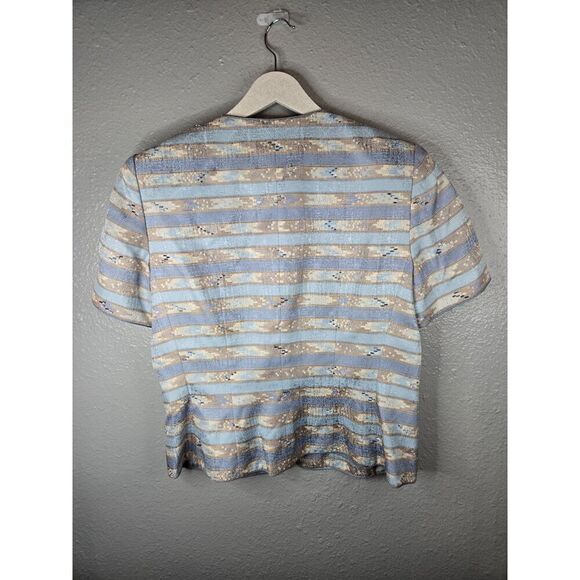 Adrianna Papell Women's 100% Silk Blue and Tan Short Sleeve Button Up Size 12P - Picture 5 of 6